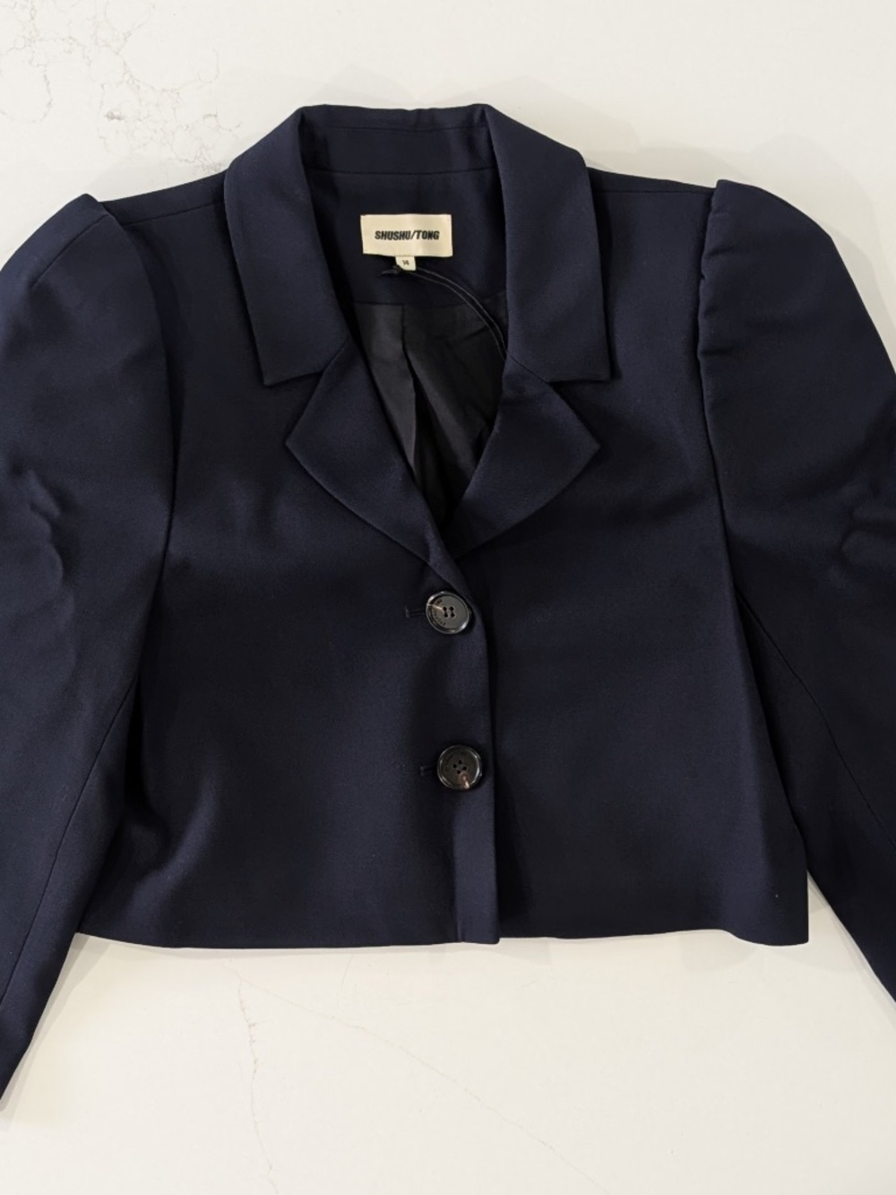 SHUSHU/TONG Cropped Puff Sleeve Blazer Navy Blue Jacket Size XL UK 14 Wool Silk